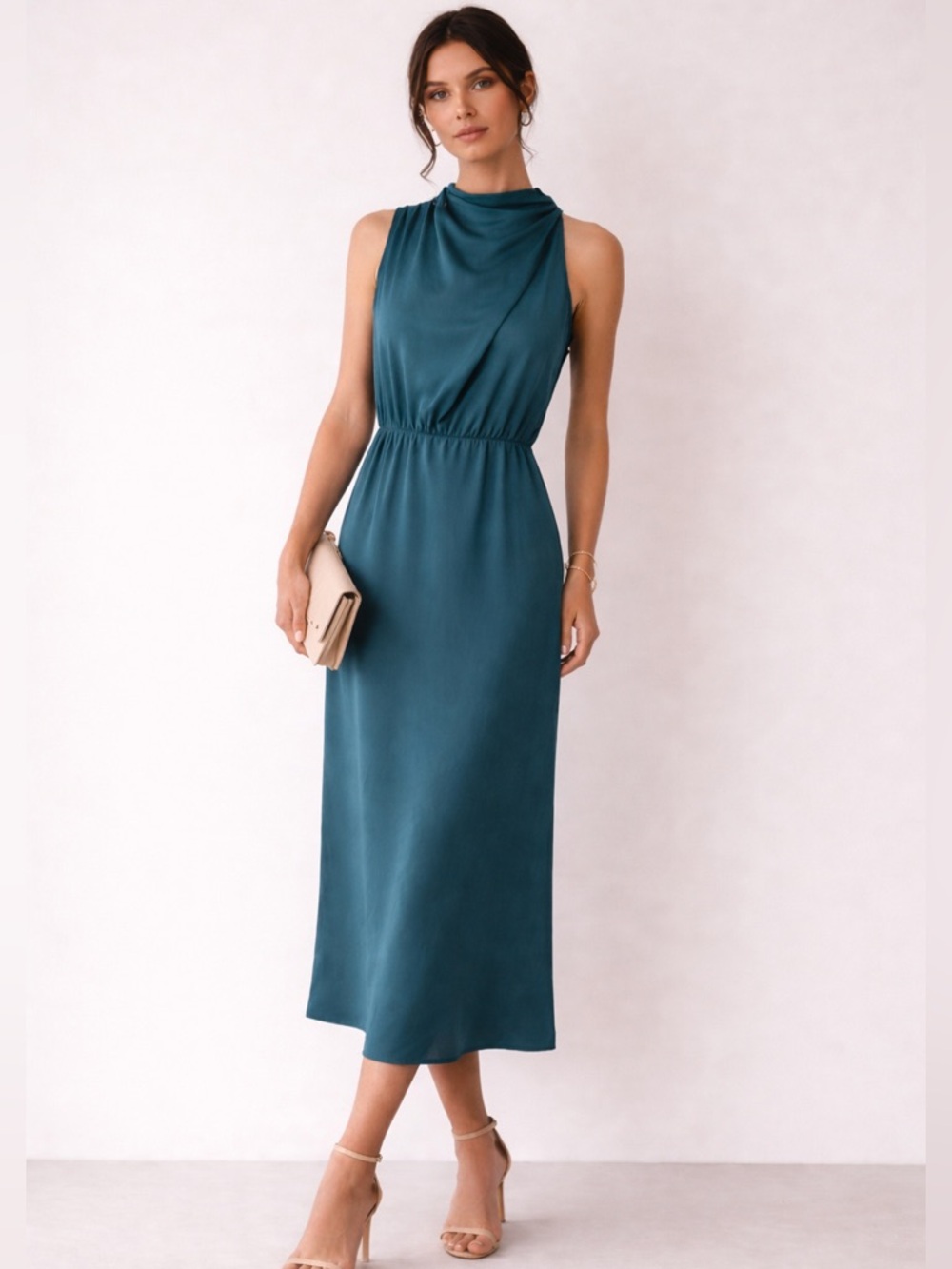 BTFBM | Satin Deep Teal Cowl-Neck Sleeveless Midi Dress Timeless Capsule